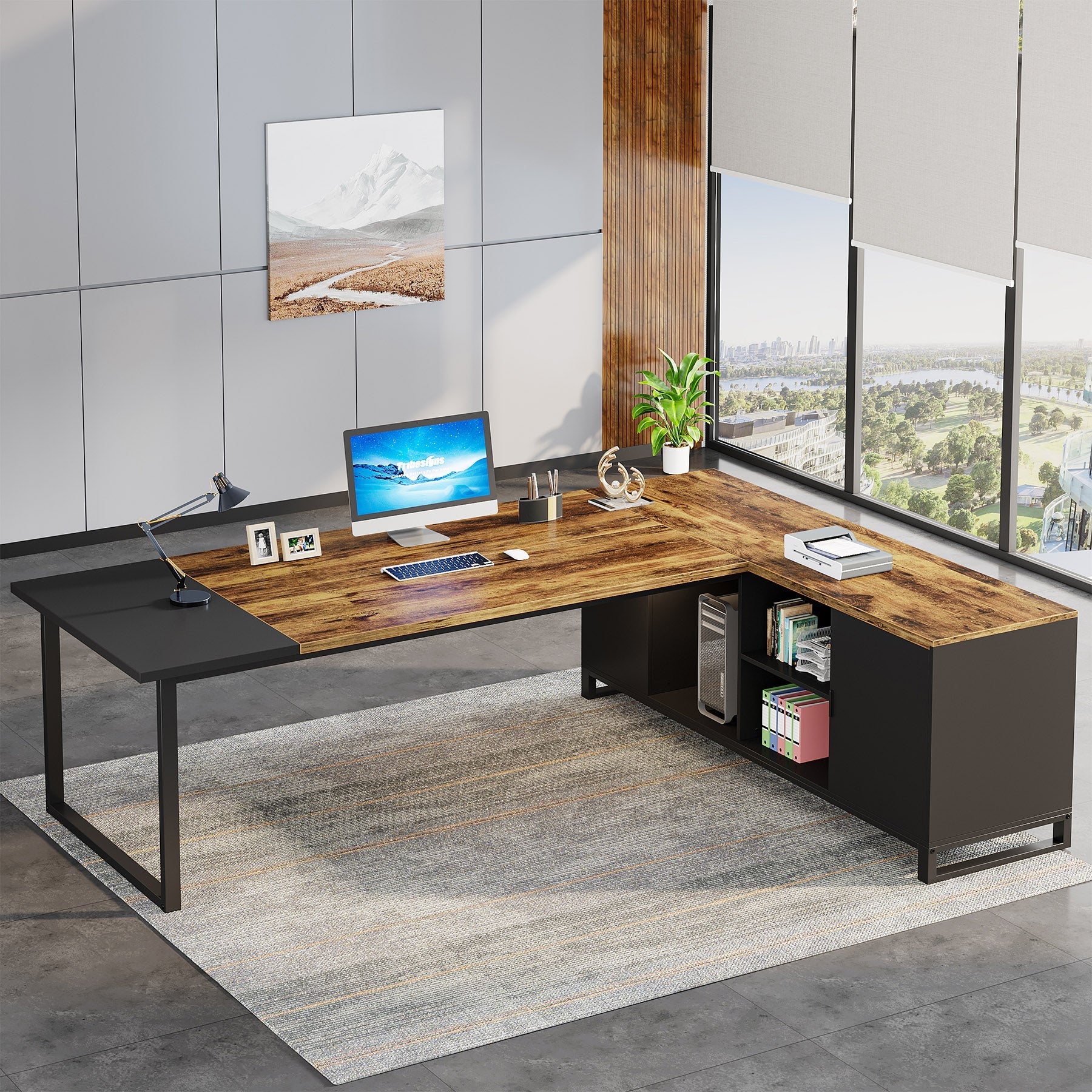 Large L-Shaped Desk, 70.87" Executive Desk with 55" File Cabinet Tribesigns
